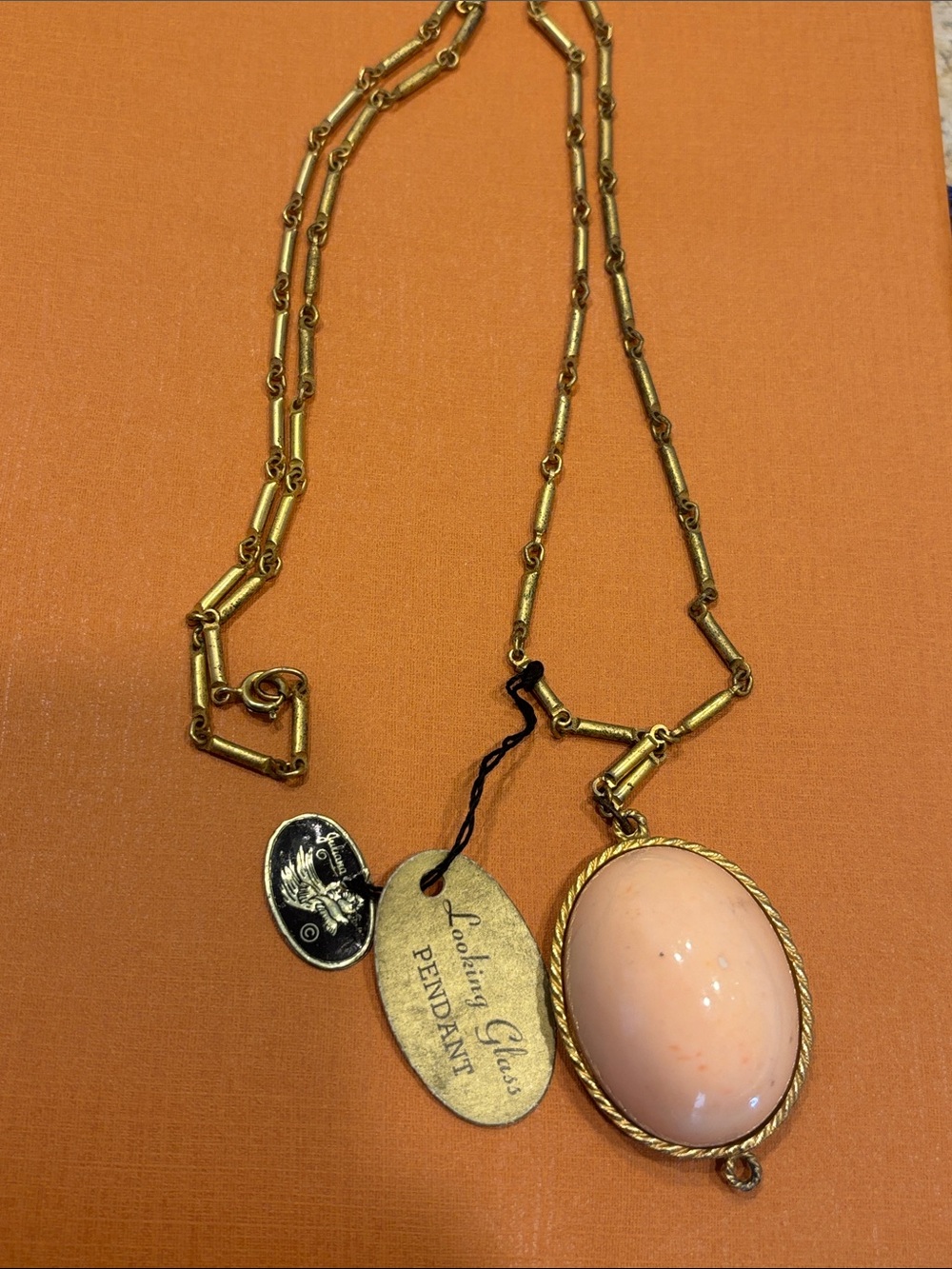 Lucite Glass Peach Oval Looking Glass Pendant Necklace